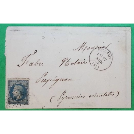 N°29 GC 2808 PELUSSIN LOIRE POUR PERPIGNAN PYRENEES ORIENTALES 1869 LETTRE COVER FRANCE