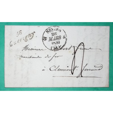 CURSIVE 56 GUERIGNY NIEVRE + CAD TYPE 12 NEVERS POUR CLERMONT FERRAND PUY DE DOME 1840