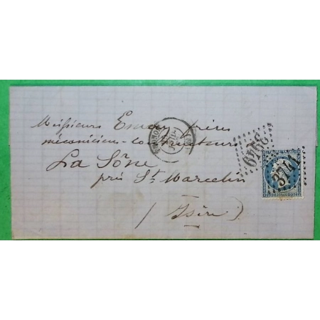 N°22 GC 3949 THONON HAUTE SAVOIE + GC EN ARRIVE 3741 ST MARCELLIN ISERE 1867 LETTRE COVER FRANCE