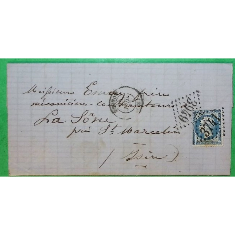 N°22 GC 3949 THONON HAUTE SAVOIE + GC EN ARRIVE 3741 ST MARCELLIN ISERE 1867 LETTRE COVER FRANCE
