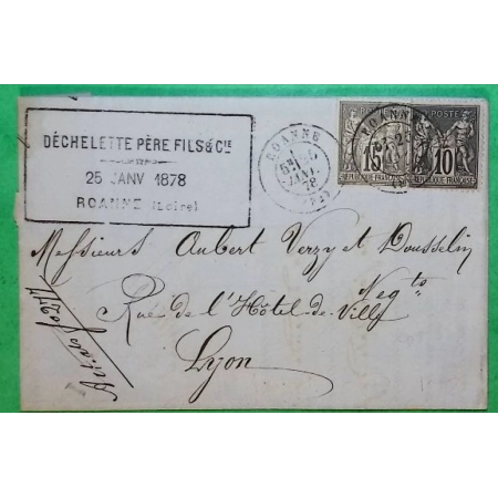 N°77 + 89 SAGE CAD TYPE 17 ROANNE LOIRE POUR LYON RHONE 1878 LETTRE COVER FRANCE