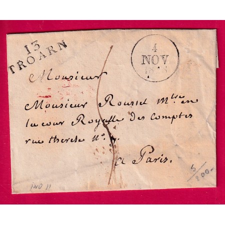 MARQUE 13 TROARN CALVADOS 1828 POUR PARIS INDICE 11 LETTRE