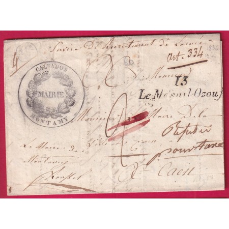 CURSIVE 13 LE MESNIL OZOUF CALVADOS CACHET MAIRIE MONTAMY 1836 METION REFUSE POUR TAXE LETTRE