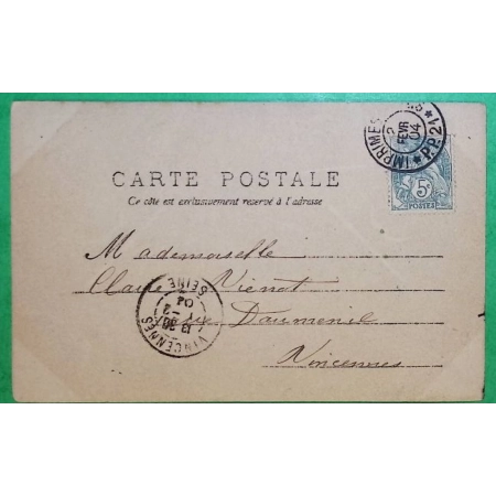 N°111 BLANC CAD IMPRIMES PP PARIS PP2 CARTE POSTALE POUR VINCENNES 1904 LETTRE COVER FRANCE