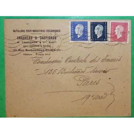 N°682 + 684 + 691 MARIANNE DE DULAC SERIE DE LONDRES AFFRANCHISSEMENT TRICOLORE PARIS 1945 LETTRE COVER FRANCE