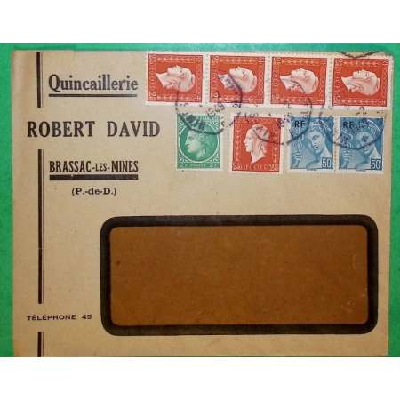 N°549 x2 + 680 + 693 x5 MIXTE MERCURE CERES MAZELIN MARIANNE DE DULAC BEL AFFRANCHISSEMENT BRASSAC LES MINES 1949 FRANCE