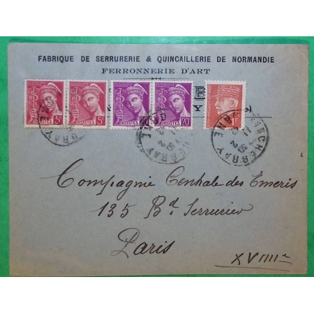N°406 x2 + 410 x2 + 514 MERCURE PETAIN HOURRIEZ BEL AFFRANCHISSEMENT TARIF 1F50 TINCHEBRAY ORNE POUR PARIS 1942 FRANCE