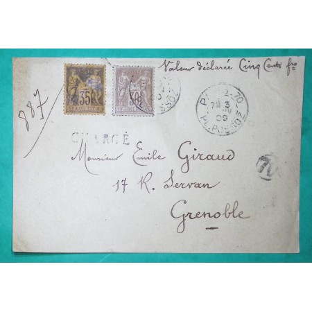 N°80 + 93 SAGE DEVANT DE LETTRE CHARGE PARIS POUR GRENOBLE ISERE 1899