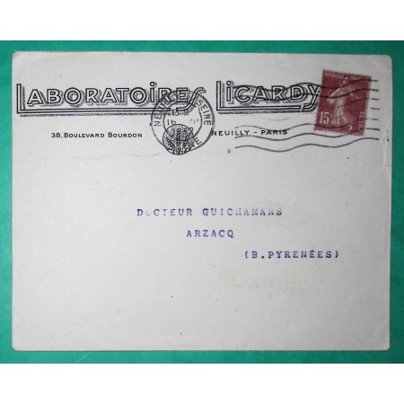 N°189 SEMEUSE ENVELOPPE PUB ENTETE LABORATOIRES LICARDY NEUILLY SUR SEINE POUR ARZACQ BASSES PYRENEES 1932