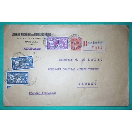N°123 x2 +N°199 + N°240 5F MERSON SEMEUSE RECOMMANDE MARSEILLE ST FERREOL POUR BAMAKO SOUDAN FRANCAIS 1930