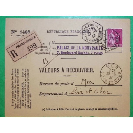 N°289 PAIX RECOMMANDE OPR VALEUR A RECOUVRER PARIS PALAIS DE LA NOUVEAUTE POUR MER LOIR ET CHER 1937 LETTRE COVER FRANCE
