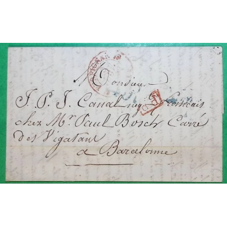 CAD TYPE 12 PERPIGNAN ROUGE PP PORT PAYE POUR BARCELONE BARCELONA ESPAGNE SPAIN TAXE BLEU 1840 LETTRE COVER FRANCE