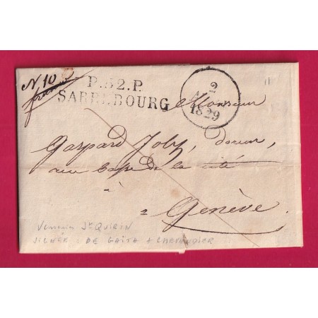 MARQUE P52P SARREBOURG MOSELLLE 1829 MEURTHE POUR GENEVE SUISSE LETTRE