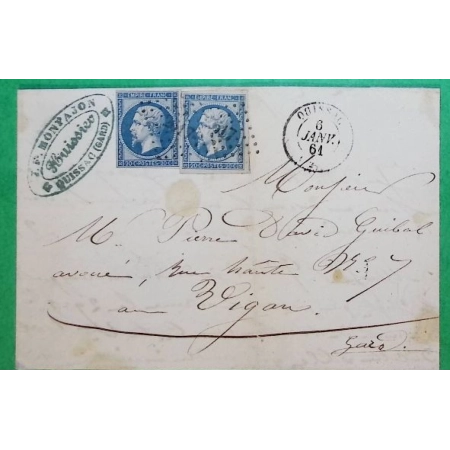 N°14B x2 PC 2617 QUISSAC GARD DOUBLE PORT POUR LE VIGAN 1861 LETTRE COVER FRANCE