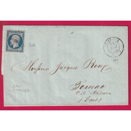 N°10 PC 3168 ST LOUIS HAUT RHIN POUR TORNAC ANDUZE GARD 1853  LETTRE