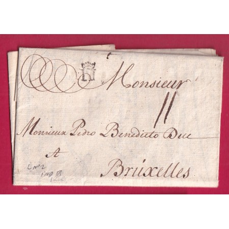 MARQUE N COURONNE NANTES 1723 LENAIN N°2 INDICE 18 LOIRE INFERIEURE POUR BRUXELLES BELGIQUE LETTRE