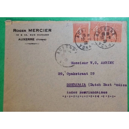 N°199 x3 SEMEUSE LIGNE AUXERRE YONNE POUR SOERABAIA DUTCH EAST INDIES INDES NEERLANDAISES 1928 LETTRE COVER FRANCE