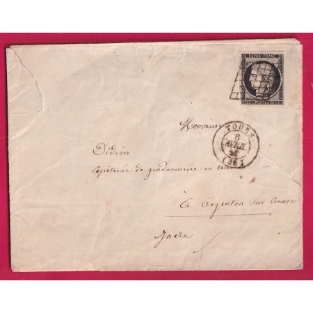 N°3 NOIR SUR BLANC GRILLE TOURS INDRE ET LOIRE 1850 POUR ARGENTON SUR CREUSE INDRE LETTRE