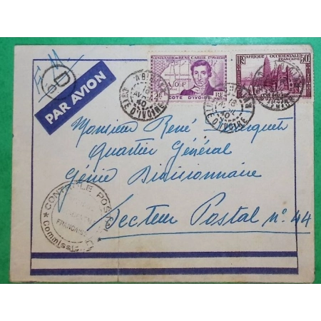 FRANCHISE MILITAIRE + TAXE AVION ABIDJAN COTE D'IVOIRE AOF CENSURE CONTROLE POSTALE 1940 WW2 LETTRE COVER FRANCE