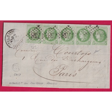 N°53 BANDE DE 5 GC 1758 HANGEST EN SANTERRE SOMME OR CAIX  POUR PARIS 1874 LETTRE