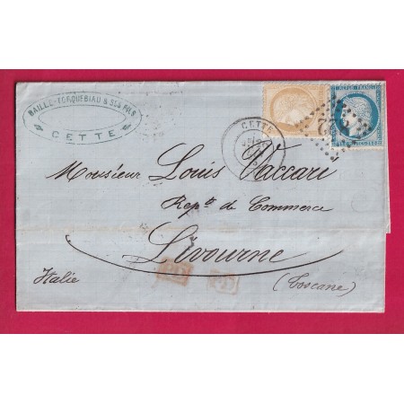 N°55 60 GC 822 CETTE HERAULT POUR VOURNE ITALIE ITALIA 1875 LETTRE