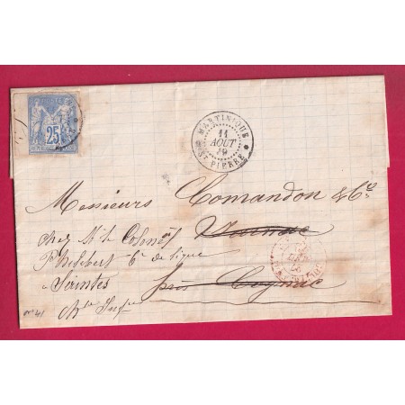 COLONIE FRANCAISE N°41 BDF ST PIERRE MARTINIQUE TYPE SAGE POUR COGNAC PUIS SAINTE CHARENTE INFERIEURE  LETTRE