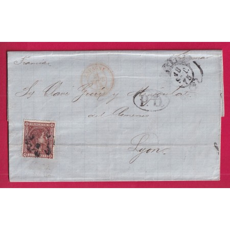 CACHET ENTREE ESPAGNE CETTE EN ROUGE DEPART BARCELONE ESPAGNE 1875 POUR LYON LETTRE
