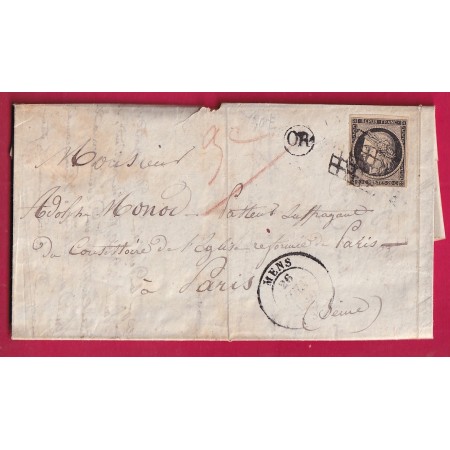 N°3 FAUVE GRILLE MONTLIEU CHARENTE INFERIEURE INDICE 18 POUR JONZAC 1850 CERTIFICAT  LETTRE