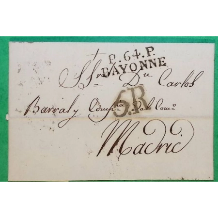 MARQUE P64P BAYONNE BASSES PYRENEES PORT PAYE POUR MADRID ESPAGNE ESPAGNA 1828 LETTRE COVER FRANCE