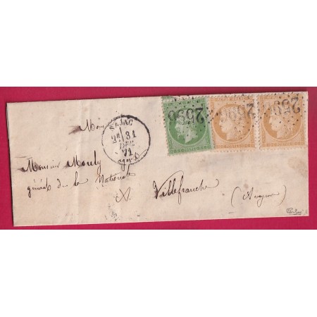 N°36 X2 + 20 GC 2596 NAJAC AVEYRON 31 DEC 1871 ARRIVE LE MEME JOUR VILLEFRANCHE SIGNE CALVES LETTRE