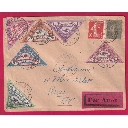 VINCENNES AVIATION VIGNETTE TRIANGULAIRE 1924 + SEMEUSE PAR AVION POUR PARIS LETTRE