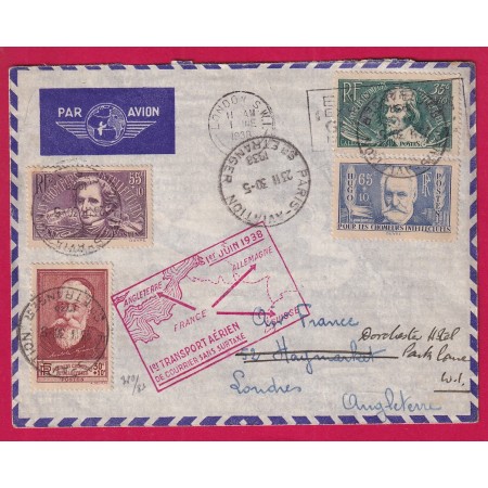 N°380 A 383 CHOMEURS INTELLECTUELS 1ER TRANSPORT AERIEN SANS SURTAXE ANGLETERRE ALLEMAGNE 1938