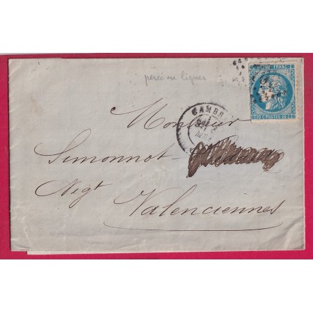 N°46B PERCE EN LIGNE GC 709 CAMBRAI NORD POUR VALENCIENNES LETTRE