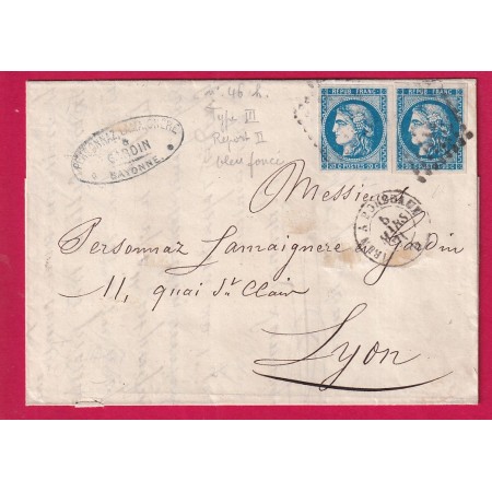 N°46B X2 BLEU FONCE AMBULANT IRUN A BORDEAUX DEPART BAYONNE BASSES PYERNEES POUR LYON LETTRE