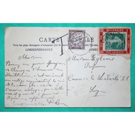 N°137 SEMEUSE PORTE TIMBRE MILLENAIRE DE CLUNY 1910 + TAXE DUVAL 10C CARTE POSTALE 1910