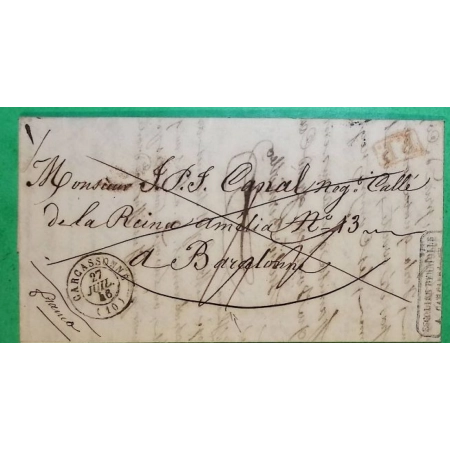 CAD TYPE 15 CARCASSONNE AUDE PP PORT PAYE POUR NEGOCIANT REINE AMELIA BARCELONE ESPAGNE ESPAGNA 1846 COVER FRANCE