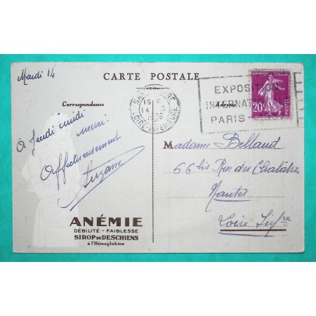 N°190 SEMEUSE CARTE POSTALE PUBLICITAIRE ANEMIE SIROP DESCHIENS FLIER EXPOSITION INTERNATIONALE PARIS NANTES 1936