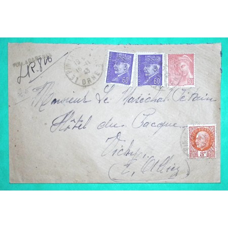 N°412 + 509 x2 + 521 MERCURE PETAIN RECOMMANDE PROVISOIRE PIN LA GARENNE ORNE POUR MARECHAL PETAIN VICHY ALLIER 1943 WW2