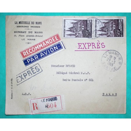 N°917 x2 ABBAYE AUX HOMMES CAEN CALVADOS RECOMMANDE AVION EXPRES LE MANS POUR DAKAR SENEGAL 1953