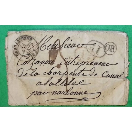CAD TYPE 15 CARCASSONNE AUDE OR ORIGINE + DECIME RURAL NOIR ET ROUGE TREBES POUR SALLELES 1840 LETTRE COVER FRANCE