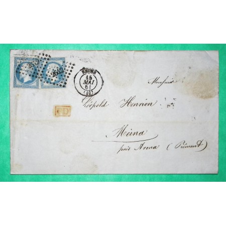 N°14B x2 PC 2642 REIMS MARNE POUR MEINA PIEMONT ITALIE 1861