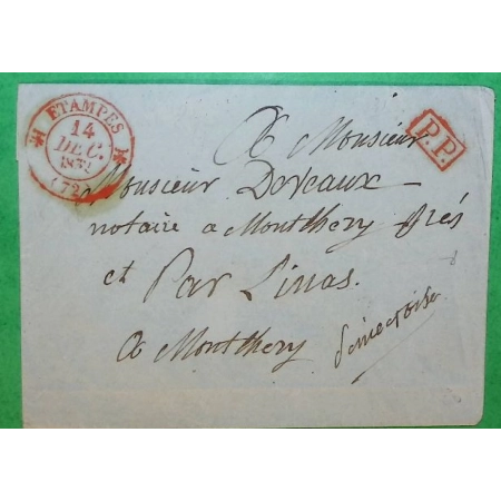 CAD TYPE 12 ETAMPES ROUGE SEINE ET OISE PP PORT PAYE POUR MONTLHERY 1832 LETTRE COVER FRANCE