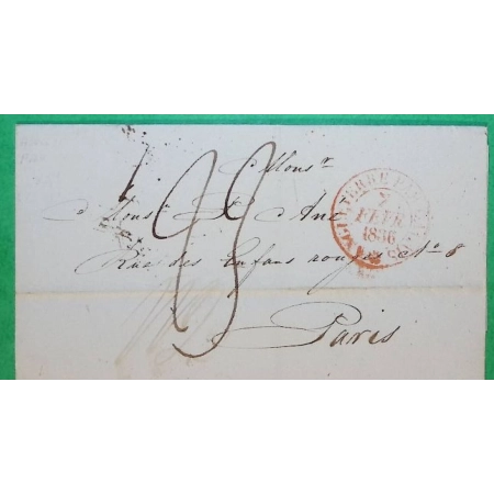 CAD ROUGE ANGLETERRE PAR CALAIS DEPART LONDRES LONDON ENGLAND POUR PARIS TAXE 23 MANUSCRITE 1836 LETTRE COVER FRANCE