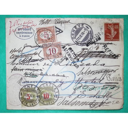 N°138 SEMEUSE + TAXE SUISSE ET ITALIENNE 15C PARIS POUR GENEVE REEXP MILAN CACHET CONSULAT GENERAL SUIZA 1910