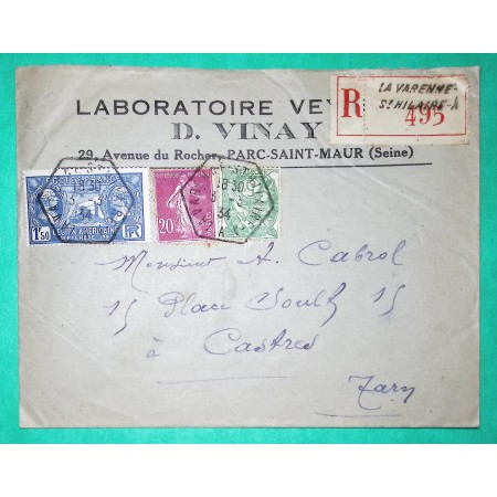 N°111 + 190 + 245 BLANC SEMEUSE LEGION AMERICAINE RECOMMANDE LA VARENNE ST HILAIRE SEINE POUR CASTRES TARN 1934