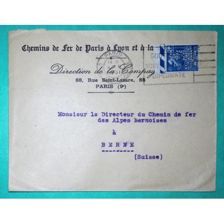 N°273 FACHI PERFORE PLM CHEMINS DE FER PARIS LYON MEDITERRANEE POUR BERNE SUISSE 1931