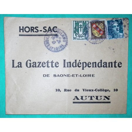 N°671 + 713 + 757 CHAINES GANDON ARMOIRIES HORS SAC TARIF FACTURE 2F80 LA GAZETTE INDEPENDANTE AUTUN SAONE ET LOIRE 1947