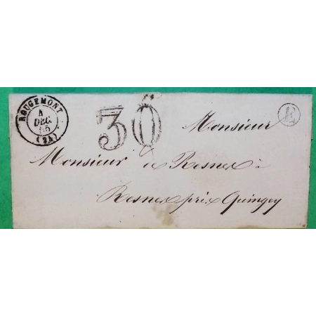CAD TYPE 15 ROUGEMONT DOUBS BOITE RURALE E VY LES FILAIN? POUR QUINGEY TAXE 30 1855 LETTRE COVER FRANCE