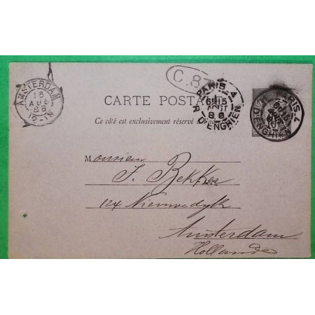 ENTIER SAGE 10C CARTE POSTALE PARIS POUR AMSTERDAM PAYS BAS 1888 LETTRE COVER FRANCE
