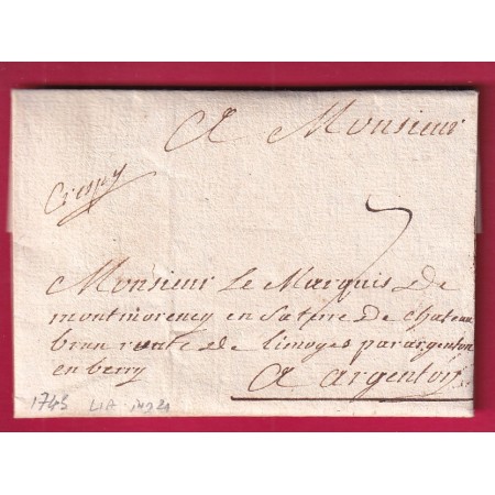MARQUE MANUSCRIT CRESPY CREPY EN VALOIS OISE 1743 LENAIN N°1A INDICE 21 POUR ERGENTON SUR CREUSE INDRE
